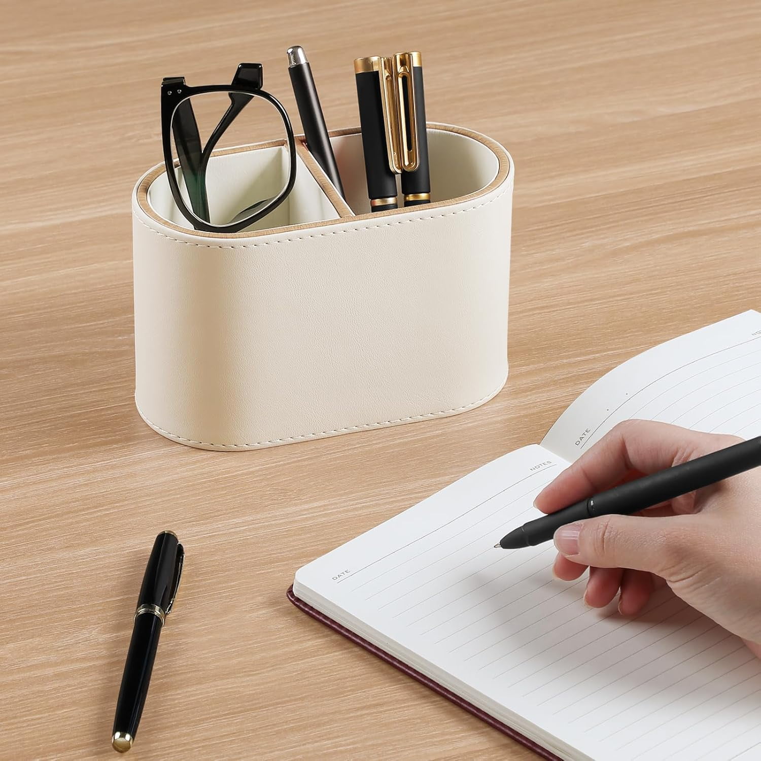 ABCISI PU Leather Pen Holder for Desk, Small Remote Control Holder Pencil Cup Multifunctional Desktop Organizer Caddy for Home School Office Desk Accessories - 2 Compartments (Beige)