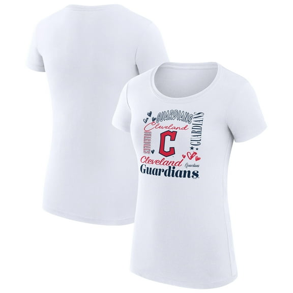 Women's G-III 4Her by Carl Banks White Cleveland Guardians Super-Slim Fit Lightweight Collage Team Graphic Crew Neck