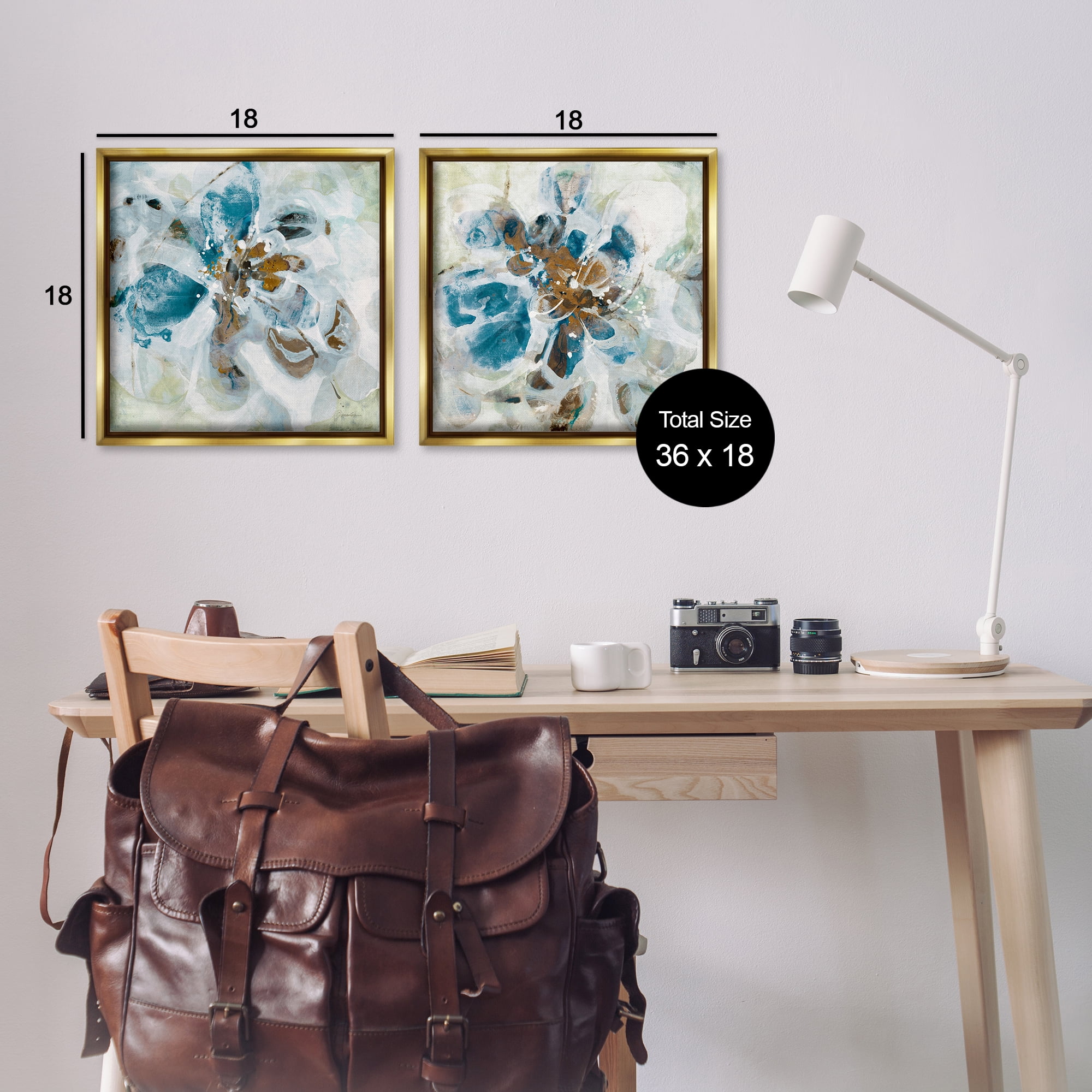 Stupell Industries Teal Abstract Flower Petals Abstract Painting Gold Floater Framed Canvas Art Print Wall Art, 18 x 18, Set of 2