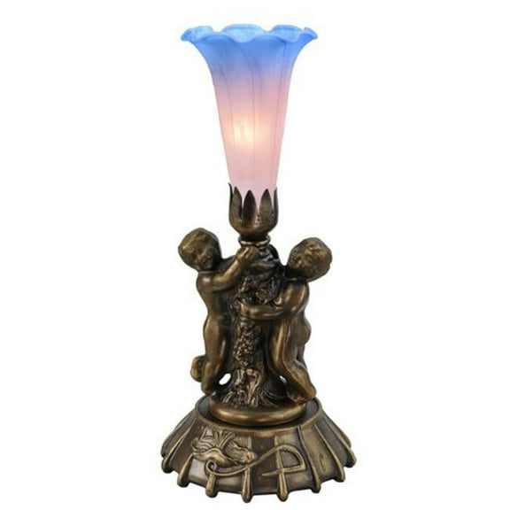 Meyda 12454 12 in. Pink & Blue Cherub Pond Lily Mini Lamp, Pink & Blue