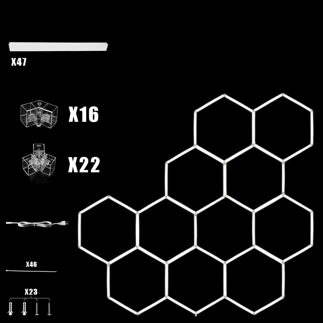 11Hexagon-47Pack LED Garage Lights, Large Panel 6500K Ultra Bright Ceiling Light for Garage, Workshop & Industrial Lighting, Car Detailing Shop,Bright Ceiling Lights, Basement, Gym,Durable