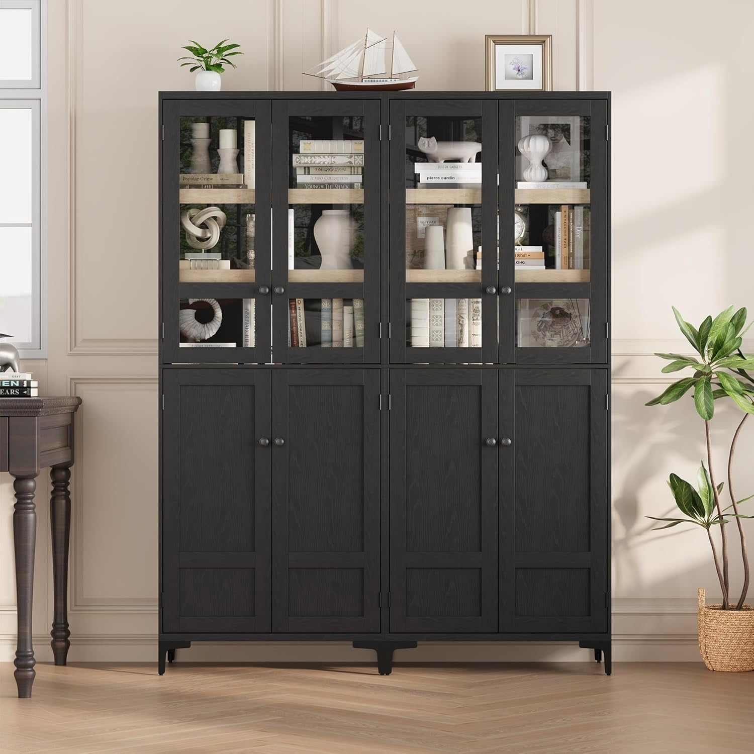 Hetoy 71-Inch Tall Storage Cabinet, Kitchen Food Cabinet, 5-Shelf Bathroom Cabinet, Glass Door with 4-Door Adjustable Shelves for Kitchen, Dining Room, Bathroom, Black