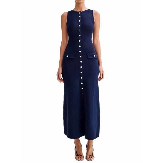 Robe Maxi d'Été Sans Manches à Simple Boutonnage en Tricot pour Femmes, Col Rond Fendu, Longue Robe Moulante, Bleu P
