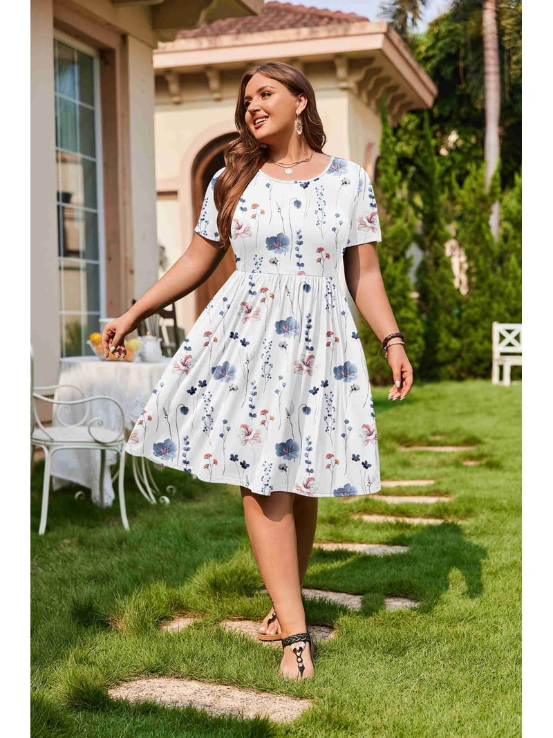 empire waist t shirt dress Zeagoo Womens Plus Size Summer Short Sleeve Casual Mini Dresses T-Shirt Dress with Pockets EMEA DENIM20 Color:White Blue Floral Engagement Party Ivory Engagement Ladies dresses Spread collar