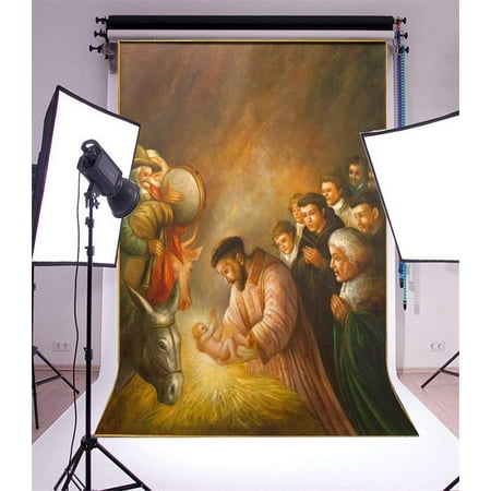 Image of ABPHOTO 5x7ft Photography Backdrop Birth of Holy Lights Straw Blurry Oil Painting Religion Belief Culture Historical Donkey Xmas Photo Background Backdrops