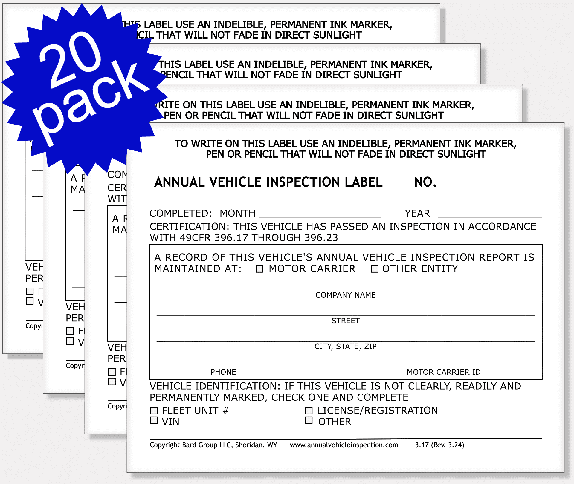 Annual Vehicle Inspection Label. 2-Ply Laminated Sticker. 20-PACK. Adhesive Vinyl, DOT Compliant.