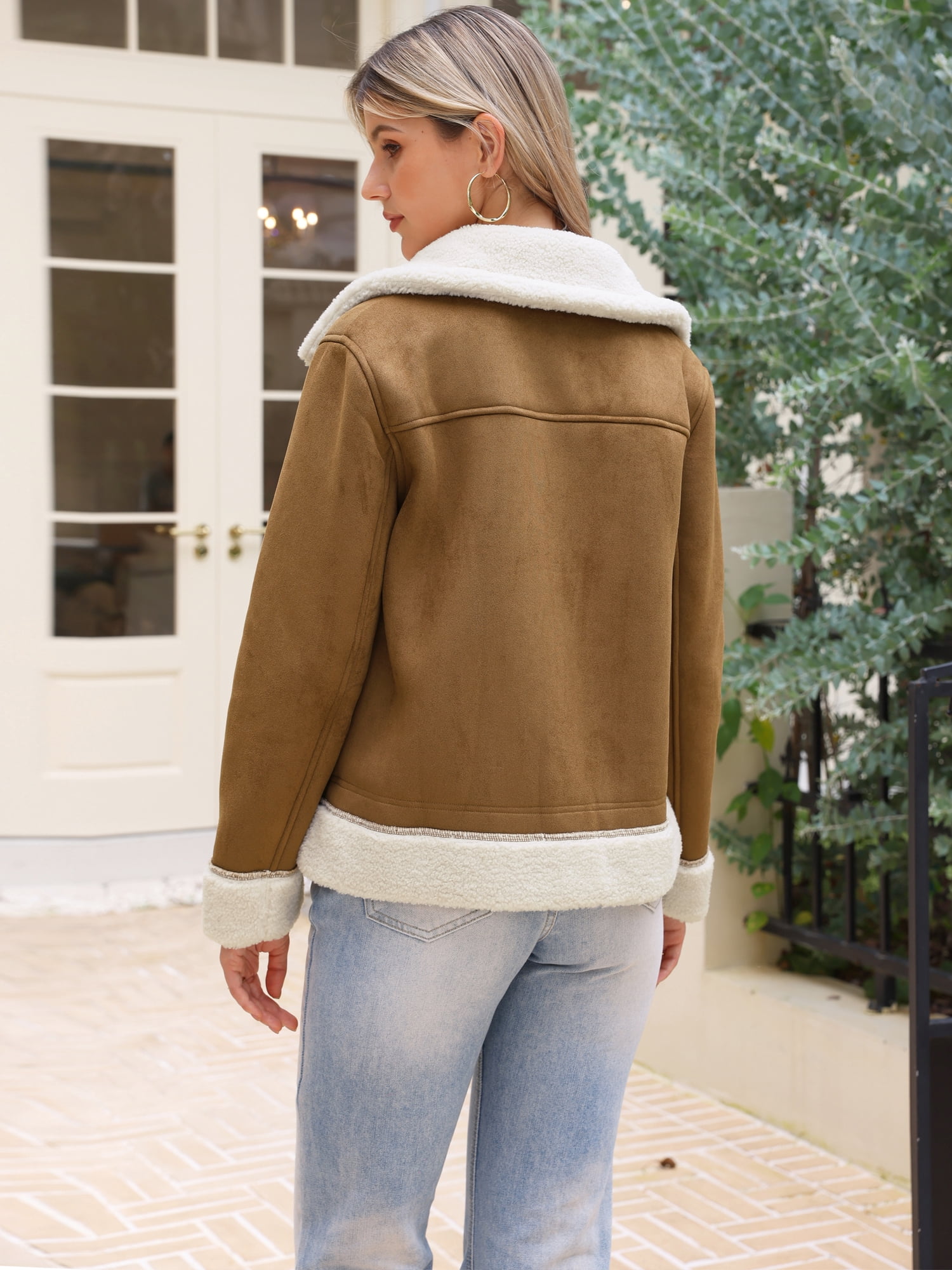 DARING DIVA Women's Faux Suede Faux Fur Shearing Lined Outerwear Jacket L Brown