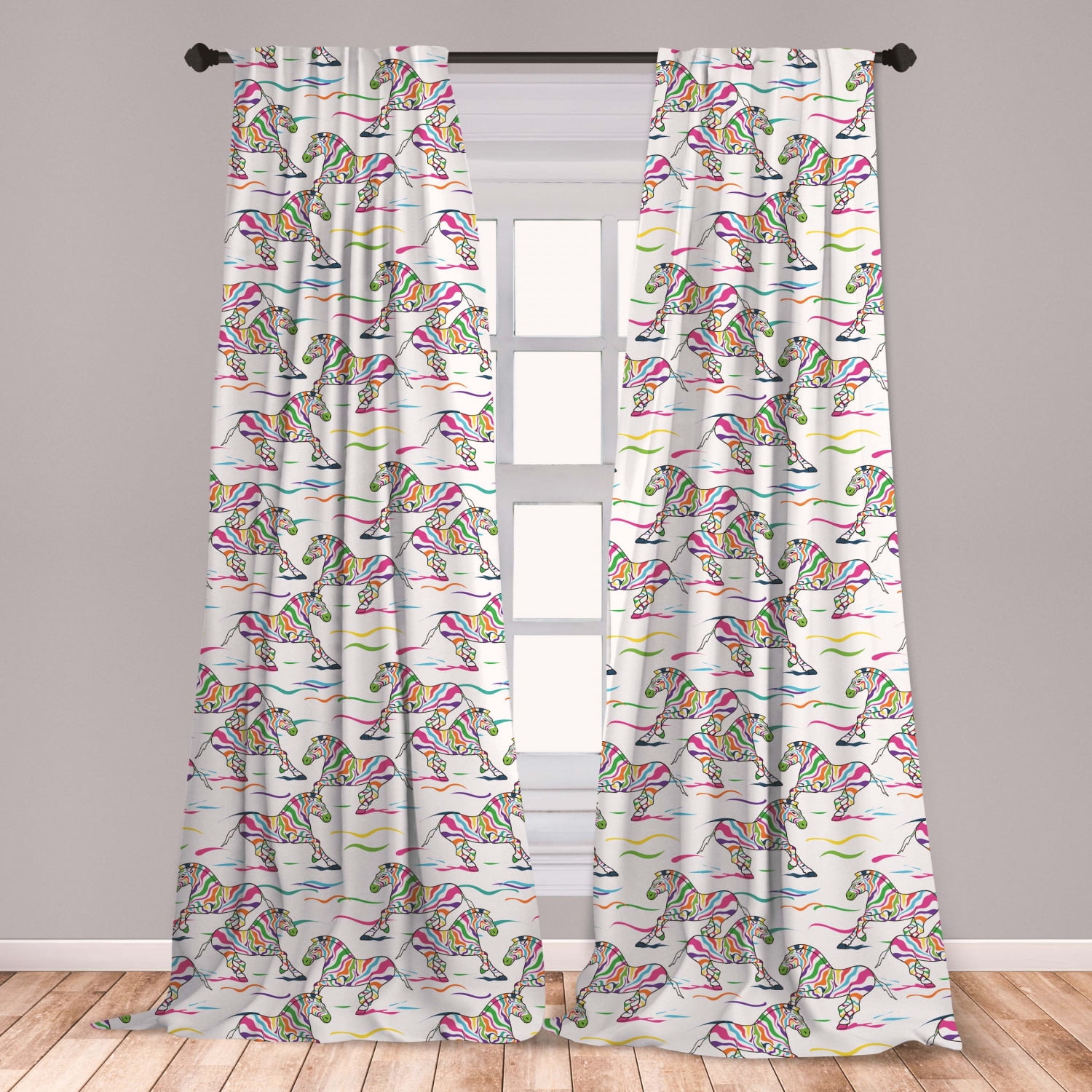 Zebra Curtains 2 Panels Set, Pattern of Running Zebra Animals with