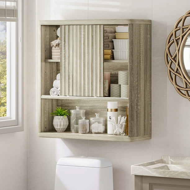 VERDALAY Armario de baño con puerta corredera Armario de baño de 3 niveles Armario de madera Armario empotrado Armario flotante con un estante abierto para baño, aseo, dormitorio y cocina
