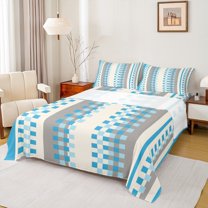 Manfei Cyan Square Buffalo Twin Sheet Sets, Vintage Checkered Abstract Twin Fitted Sheet, Rectangle Plaid Flat Sheet, Luxury Bedroom Decor, 3 Pieces