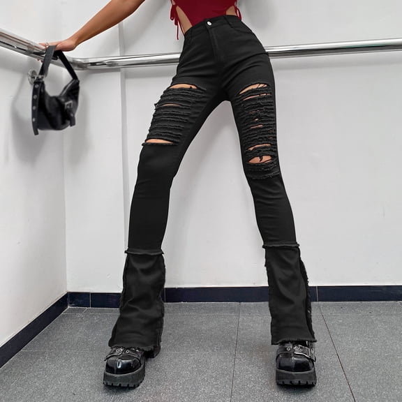 Vedolay Trousers Women's Ripped Jeans Distressed Skinny Stretchy Denim Pants,Black XL