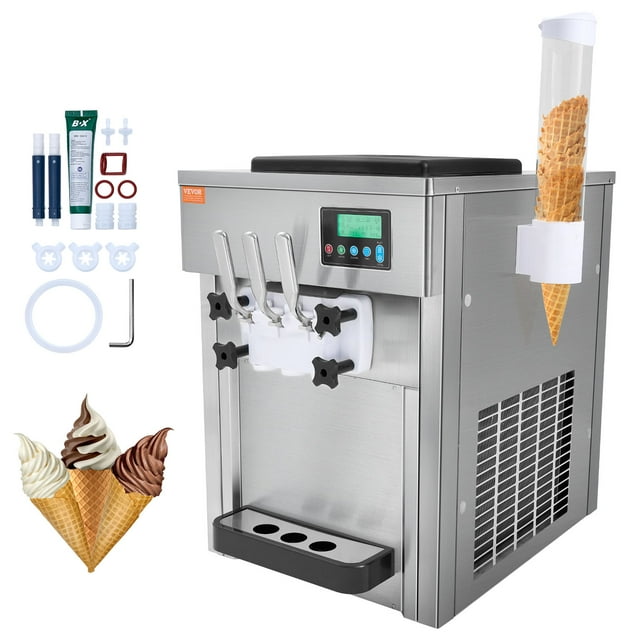 VEVOR Commercial Ice Cream Machine with a 21 QT/H yield and 1800W power, featuring a 3-flavor countertop design. Includes two 4L hoppers and two 1.8L cylinders for efficient production. The stainless steel machine has an LCD panel for auto-cleaning, pre-cooling, and hardness adjustments. Accessories such as decorating tips, O-rings, and a cone holder are included. Ideal for restaurants, snack bars, and cafes.