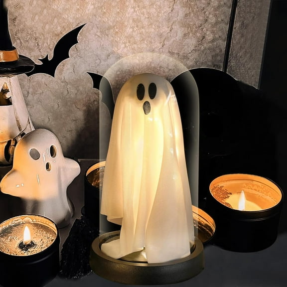 Halloween Decor-Halloween Decorations Indoor-Light Up Ghost in Glass Cloche-Cute Ghost with Light for Home Kitchen Tabletop Party Decor and Holiday Decorations