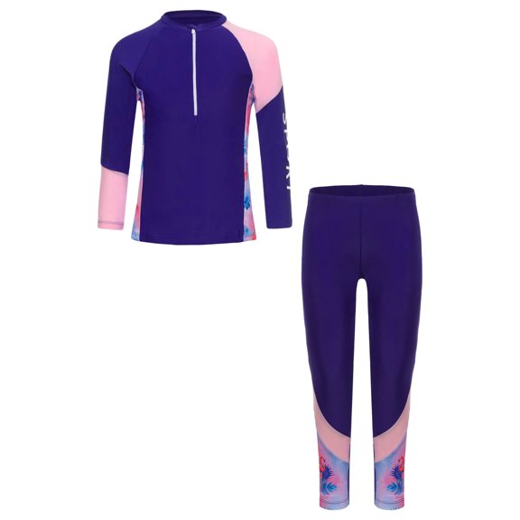 TiaoBug Girls 2 Piece Rash Guard Swimsuit Kids Long Sleeve Swim Top with Pants UPF50 Bathing Suit Purple 150/5XL