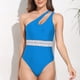thumbnail image 3 of Mujeres una pieza traje de baño un hombro inclinado hombro cintura correas costura una pieza traje de baño bikini azul M, 3 of 6