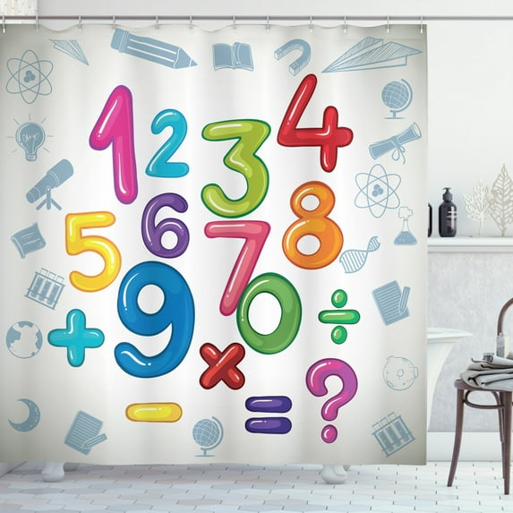 Number Shower Curtain, Mathematical Signs and Characters School Elementary First Grade Education Pattern, Fabric Bathroom Set with Hooks, 69W X 84L Inches Extra Long, Multicolor, by Ambesonne