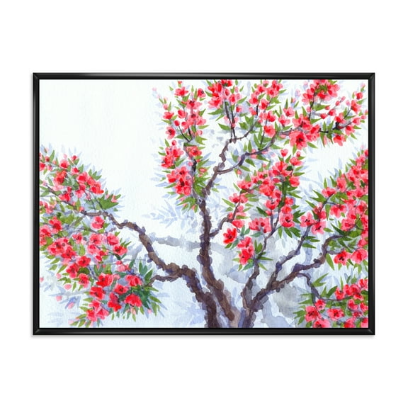 Designart 'Abstract Red Flowers of Spring Tree' Traditional Framed Canvas Wall Art Print