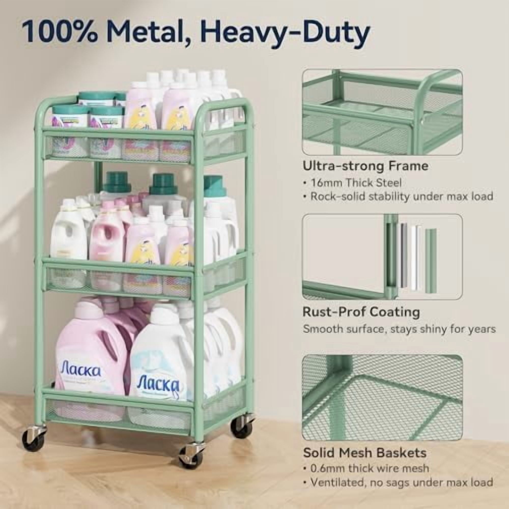 3 Tier Rolling Cart – Metal Utility Storage Carts with Wheels, Craft Carts Organizer with Hanging Cups, Hooks, Mesh Basket for Bedside Kitchen Office Art, Green