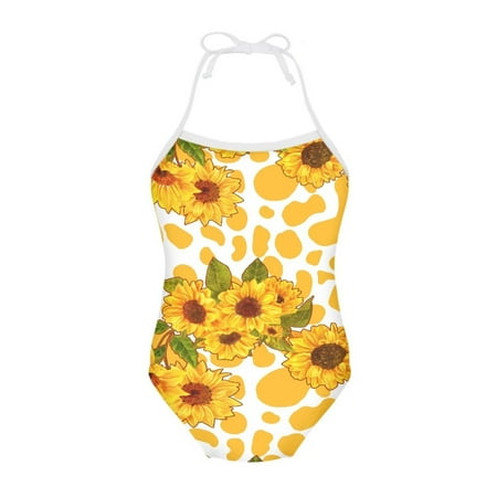 FOR U DESIGNS Novelty One Piece Swimwear for Girls Yellow Cow Print Sunflowers Gymnastics Dancewear for Kids Lightweight Breathable Beachwear Size 7-8