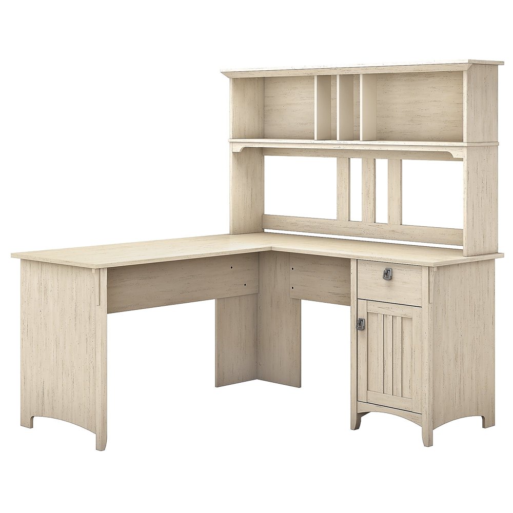 Bush Furniture Salinas 60W L Shaped Desk with Hutch, Antique White