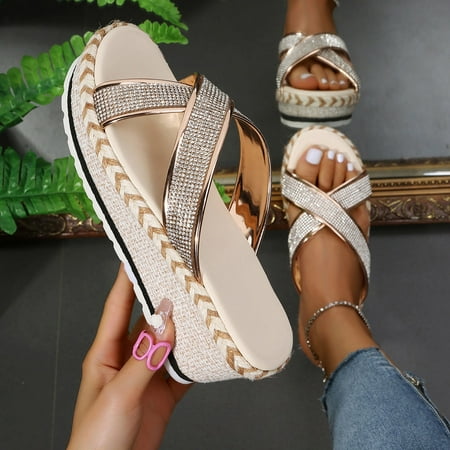 

〖Yilirongyumm〗 Gold 37 Sandals Women Breathable Color Rhinestones On Shoes Sandals Solid Beach Slip Comfortable Open Toe Women Fashion Summer Women s Sandals