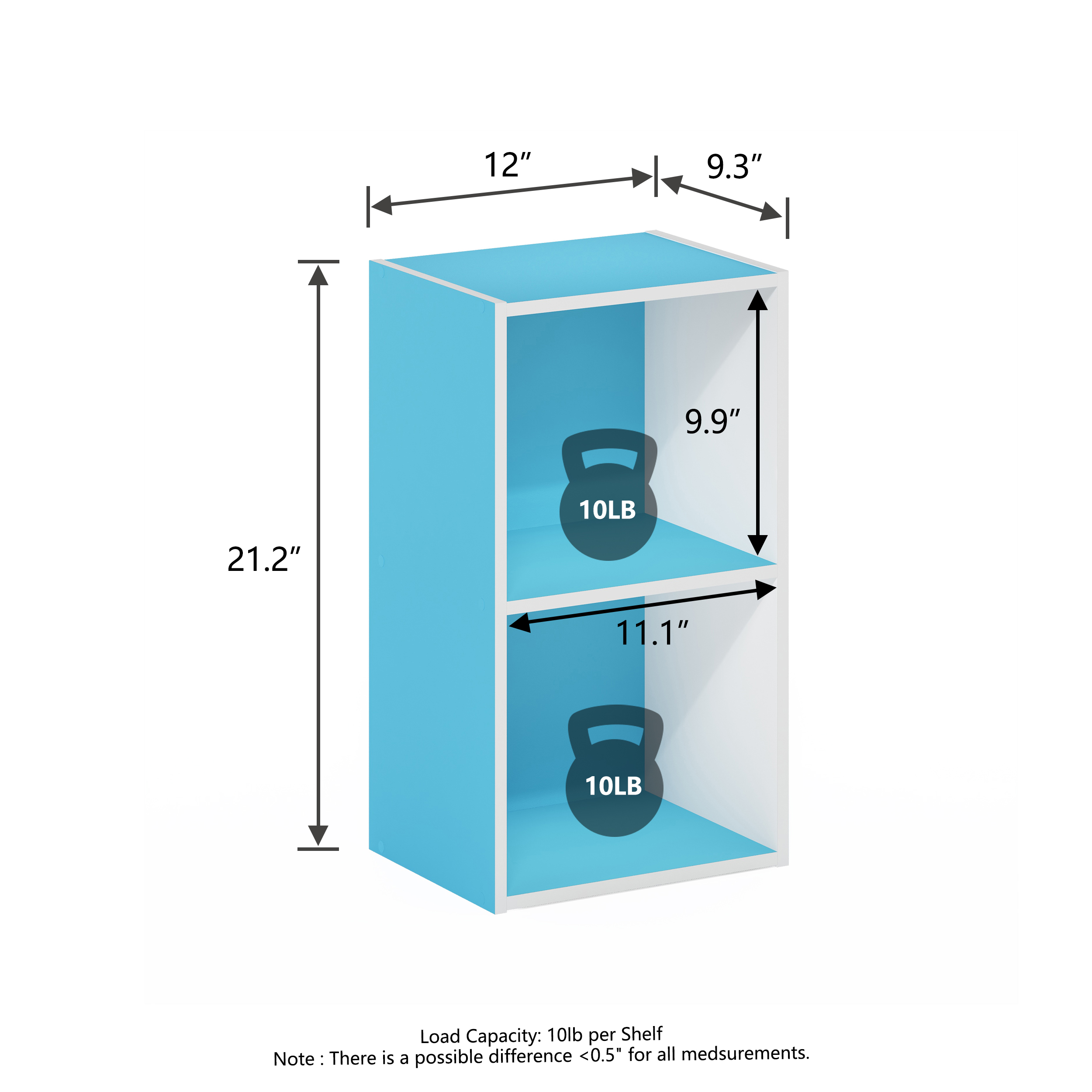 HOMLUX 9" x 12" x 21" Storage Shelf 2 Tier Cube Bookcase, Suitable for Small Space, White & Blue