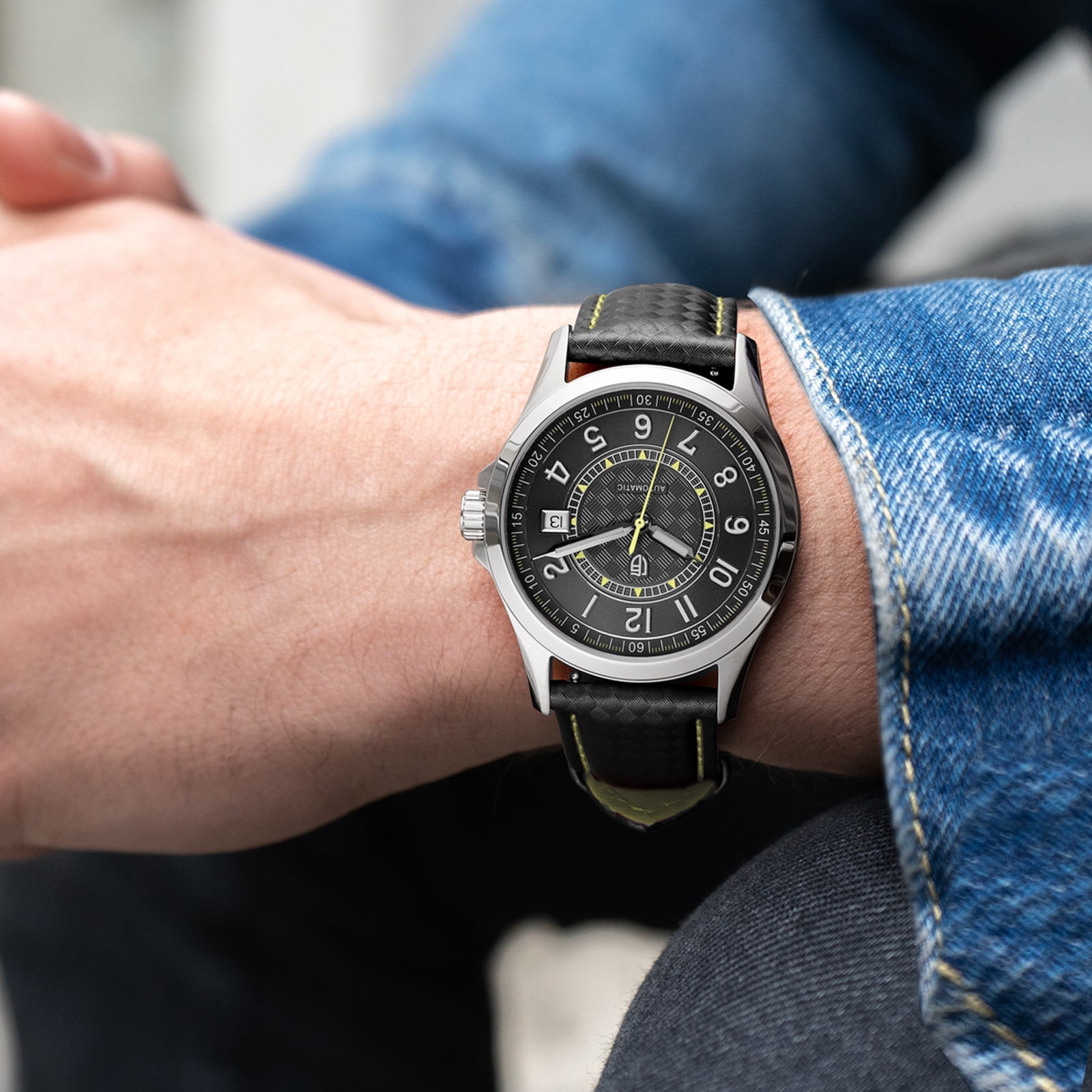 BERNY Men's Automatic Watch, Leather Strap Mechanical Watch with Date, Super Luminous, Sapphire Crystal, 10ATM Waterproof, Fashion Casual Wristwatch for Men (Yellow)