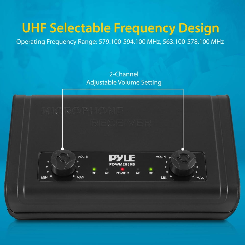 Pyle PDWM2880B - Compact UHF Micro System - USB Powered Desktop Mic Receiver System with Adjustable Volume Control, Includes (2) Belt-Pack Transmitters, (2) Headsets & (2) Lavalier Mics (2-C
