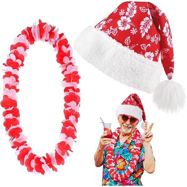 wonima02 Hawaiian Christmas Costume Accessories Set Santa Hat Hawaiian Leis for Tropical Christmas Outfits Hibiscus Decoration