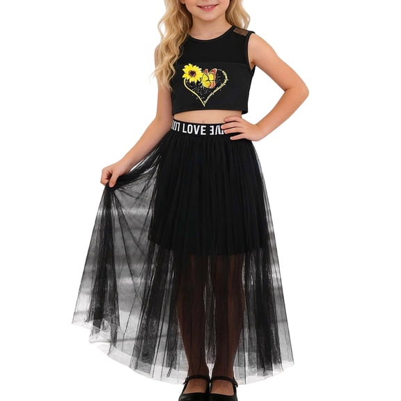 Gbsyewxs Girls Outfit Set 2 Piece Crew Neck Sleevelss Printed Crop Tops And Mesh Layered Elastic Waist Skirt Set Fashion Summer Girls Clothes Black Size 9-10 Years