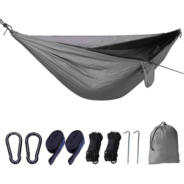 Hamaca de Camping con Red, Hamaca Portatil con Mosquitera, Hamaca de Paracaídas de Nailon Ligera con Carabineros, Correas y Bolsa para Jardín, Viajes al Aire Libre, Senderismo, Cámping