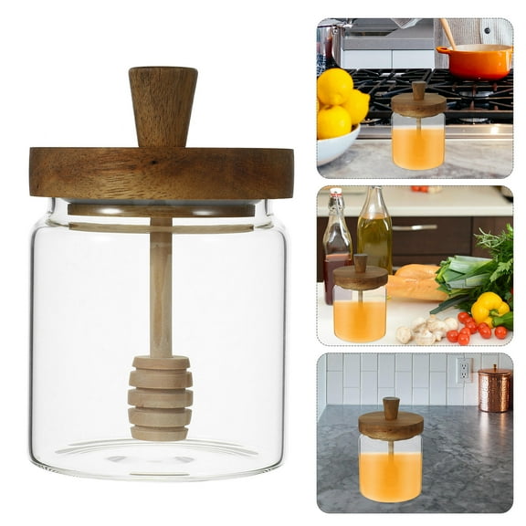 WHAMVOX Glass Honey Jar with Wooden Lid Dipper Honey Pot Container Honey Dispenser