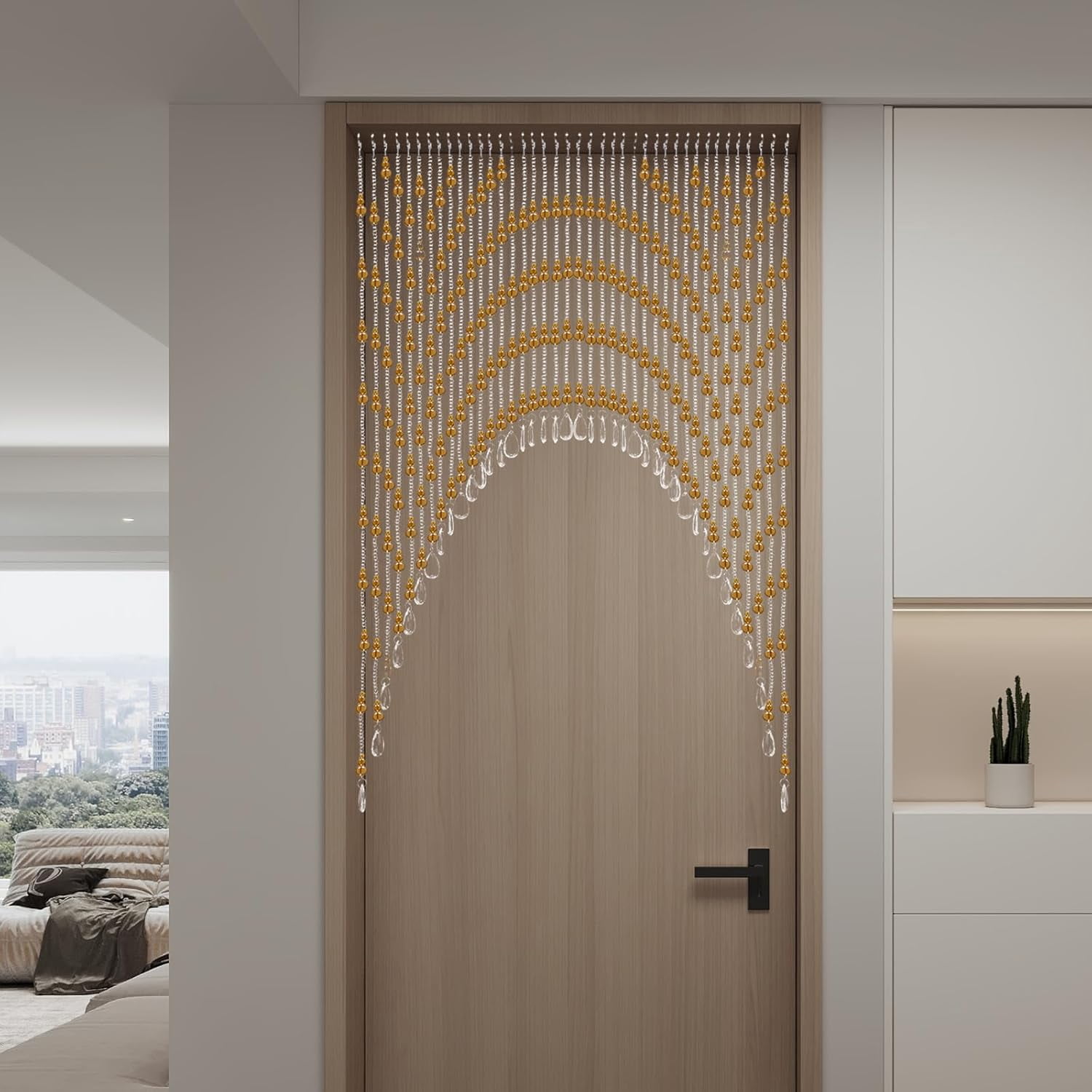 Arched Beaded Curtains, Hanging Glass Door Beads,Clear Crystal Room Partition Curtain Door Frame Beads Valance Self-Adhesive for Doorways Crystals Stran Arched Windows (Amber)