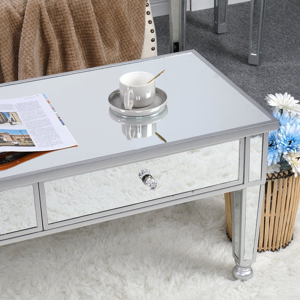 Kepooman Mirror Coffee Table with Two Drawers for Living Room, Silvery Mirror Glass Kepooman Mirror Coffee Table with Two Drawers for Living Room, Silvery Mirror Glass