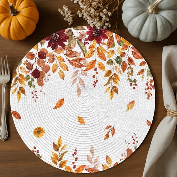 Autumn Sunflower Round Braided Placemats Set of 6, Rustic Cottagecore Floral Orange Leaf Vine Heat Insulation Place Mats Washable Non-Slip Table Mats for Kitchen Dining Party, 15 Inches