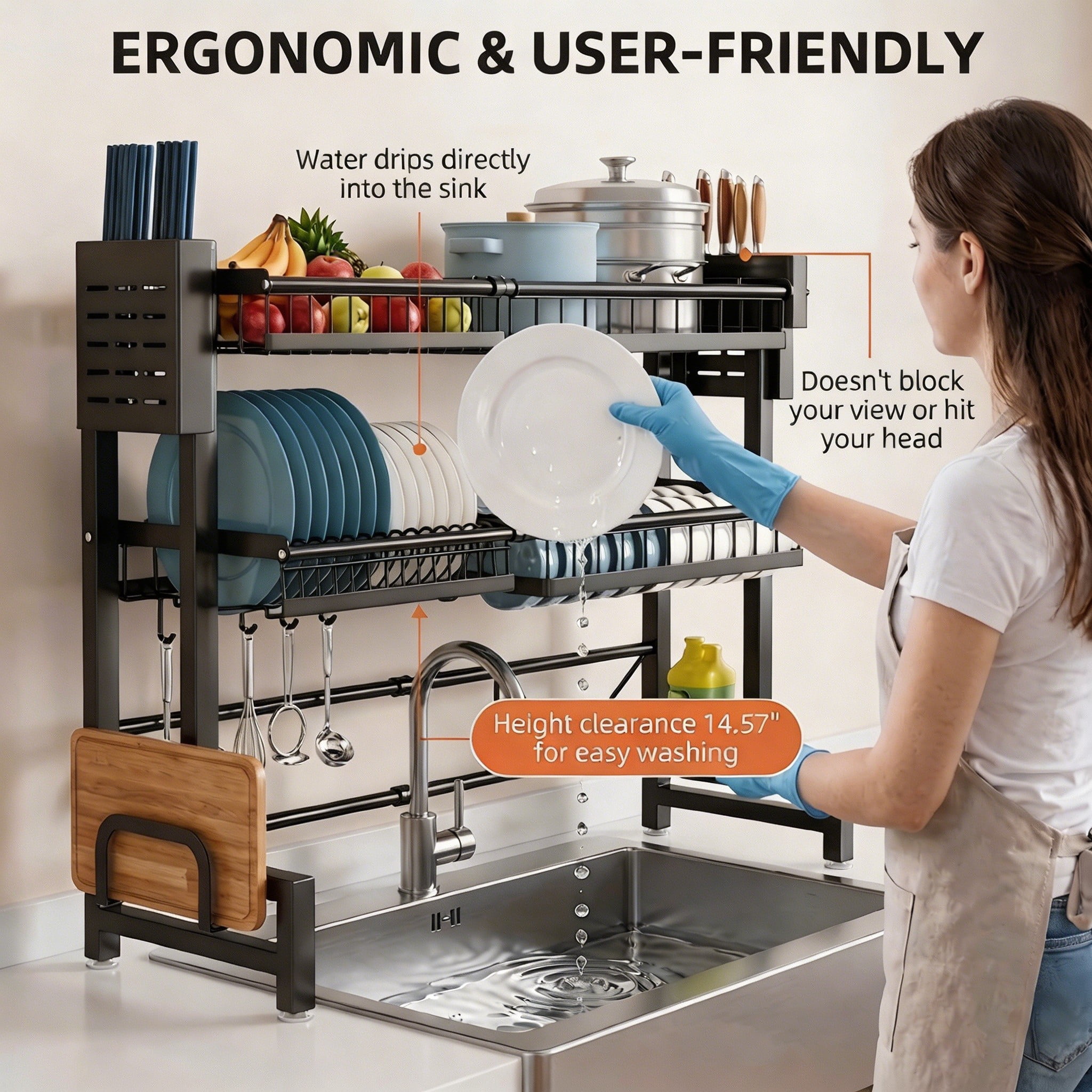 Expandable Over the Sink Dish Drying Rack, 2-Tier Adjustable Kitchen Counter Organizer (24.4-39.4in), Large Dish Drainer with Utensil Holder & Cutting Board Rack, Anti-Rust Black