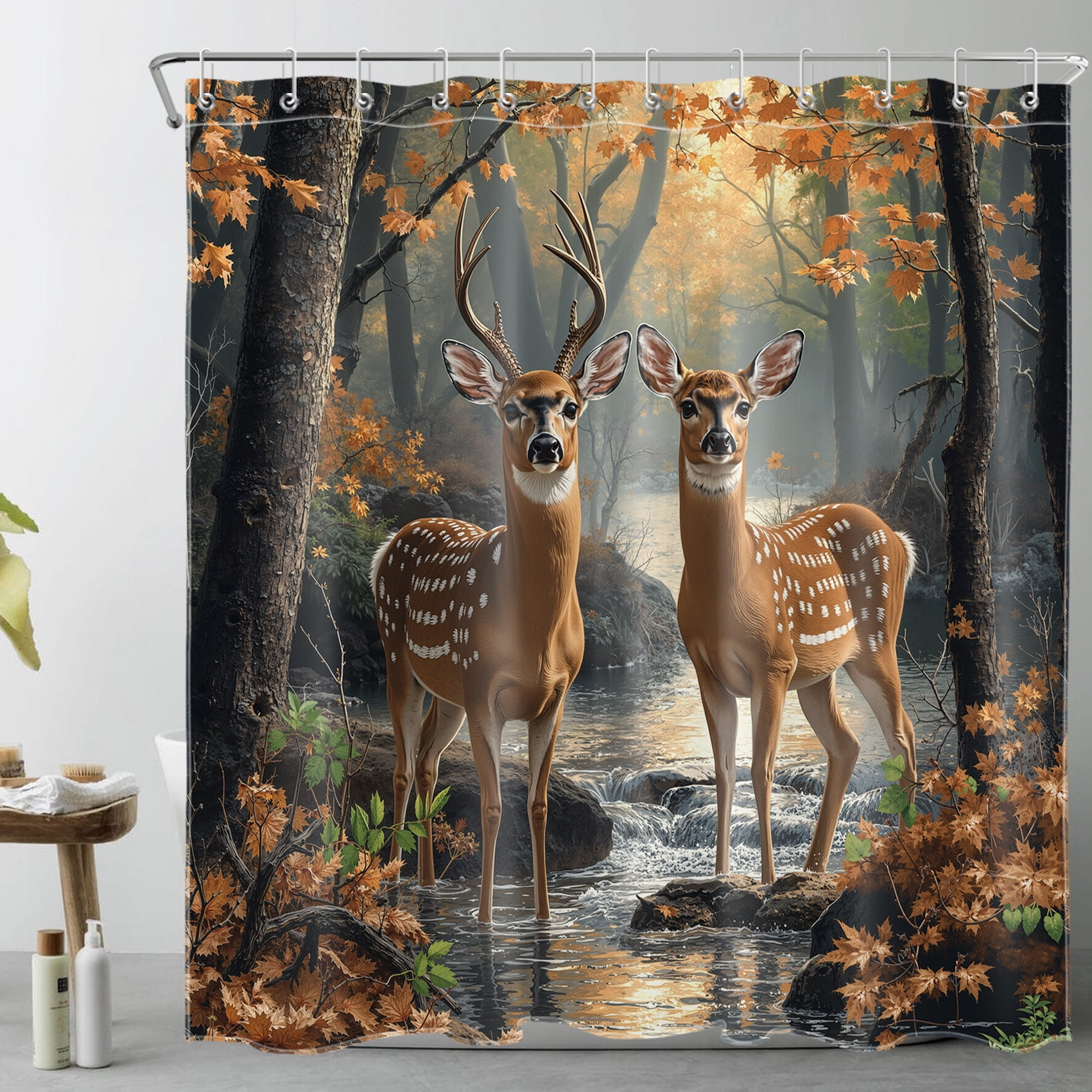 Deer Shower Curtain Fall Forest Landscape Wild Animals Trees and Plants Nature Art Bathroom Shower Curtain Home Decor Waterproof Durable Shower Curtain Accessories with 12 Hooks 72x78 Inches