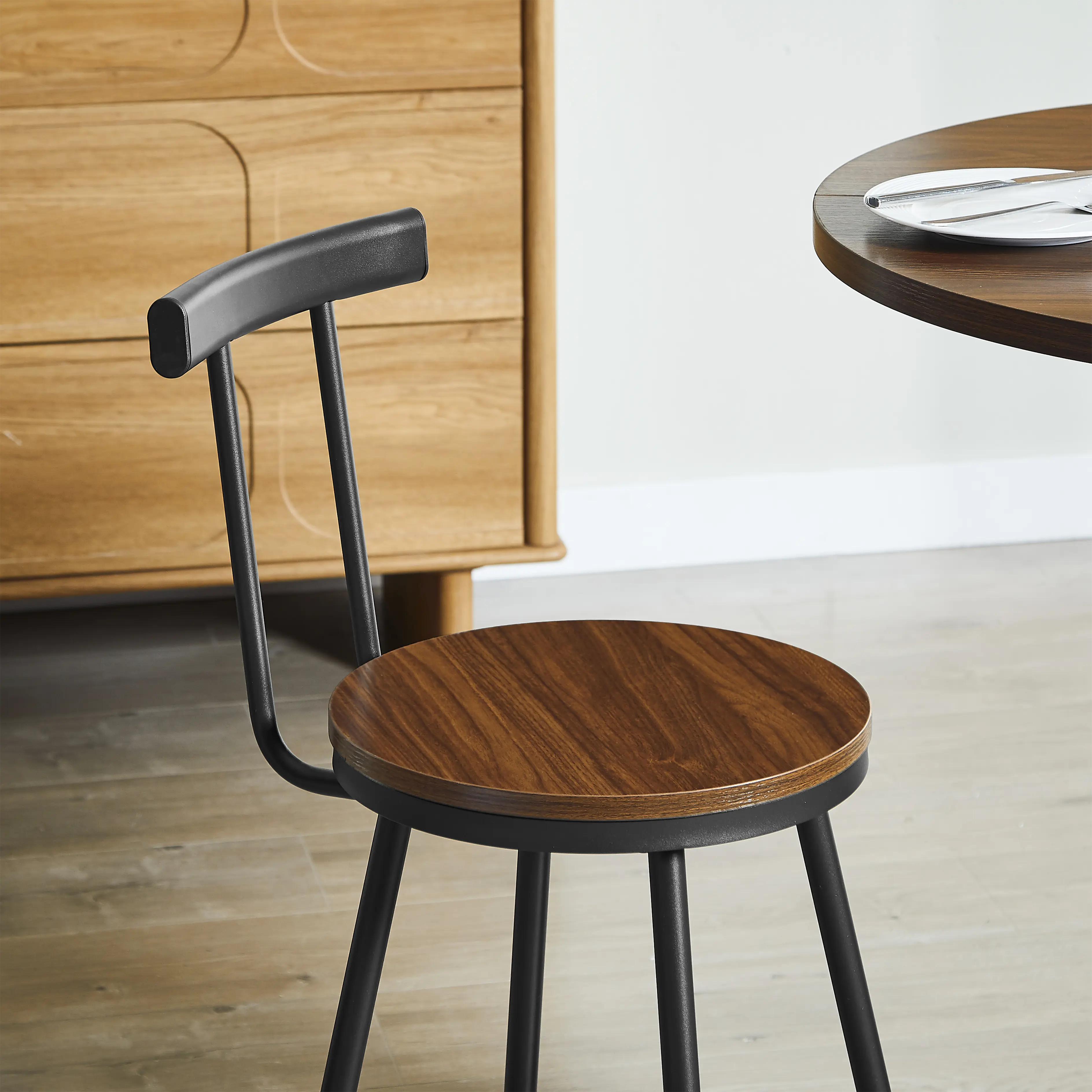 Aukfa Round Dining Table Set for 2, Dining Table with 2 Bar Stools, Storage Base & Footrest,Space-Saving Kitchen & Dining Table Set,Brown