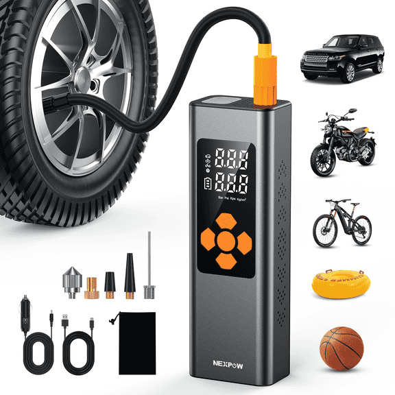 Inflador de Neumáticos NEXPOW, Bomba de Aire de 150 PSI con Manómetro, Compresor de Aire Inalámbrica con Doble Alimentación luz LED y Apagado para Motocicleta, Coches, Bicicletas y Balones
