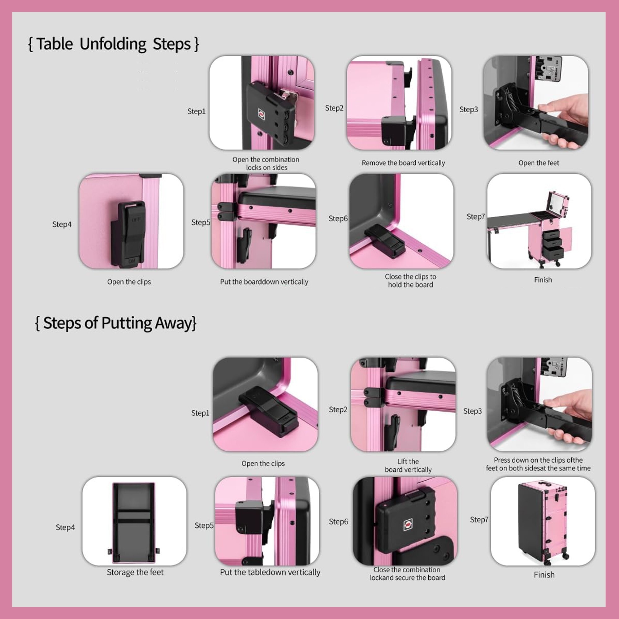 AENKYO All-in-One Portable Nail Table w/ LED Mirror, Bluetooth Speaker | Salon & Home Manicure Station, Black with Pink