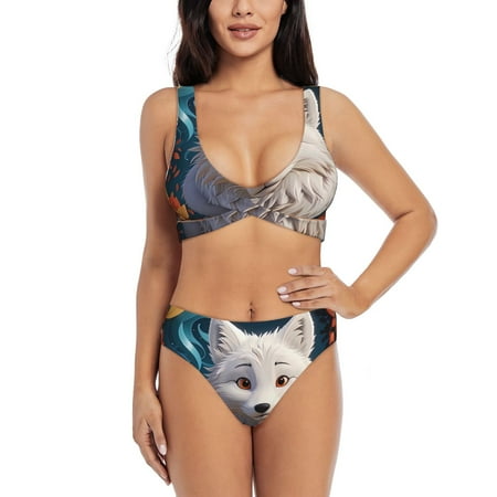 Zeuib White Wolf With Flowers High Waisted Tummy Control Bikini Set - Knot Front Push Up Top & Cheeky Thong Bottom  Two-Piece Swimsuit for Women-X-Large