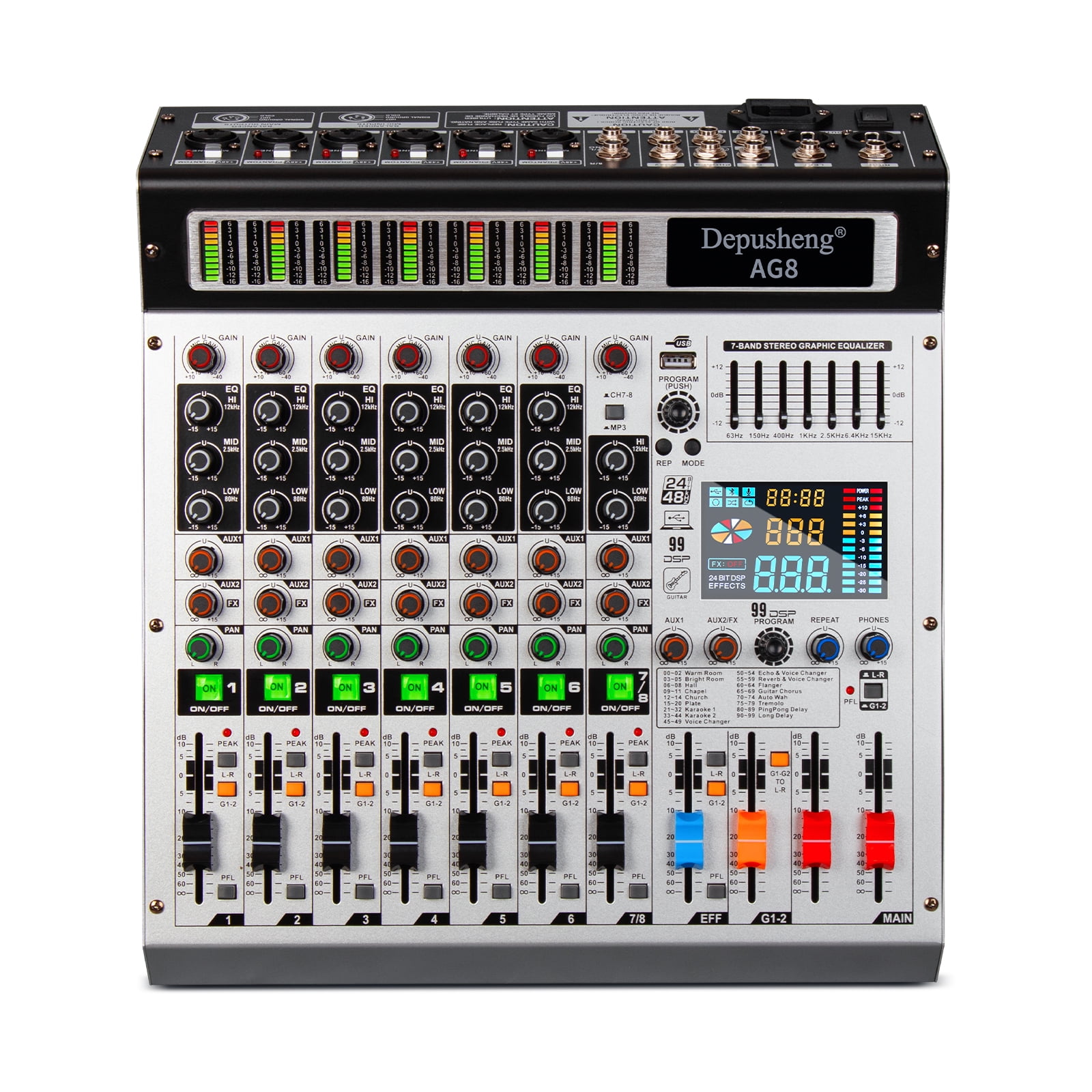 Audio2000'S AMX7373 Eight-Channel Audio Mixer with 320 DSP Sound Effects, Stereo Sub Out with Sub-Out Level-Control Fader, Level-Control Faders on All Audio2000\u0027S AMX7313-Professional Eight-Channel Audio Mixer with USB and DSP  Processor (AMX7313) : : Musical Instruments \u0026 DJ