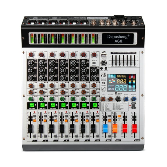 Depusheng AG8 Professiona Audio Mixer 8 Channel Mixing Console with MP3 Player Source USB recording,With grouping and 2 AUX interfaces, 99DSP EFFECT