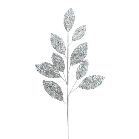 Vickerman 29 Silver Glitter Leaf Artificial Christmas Spray. Includes 6 sprays per pack.