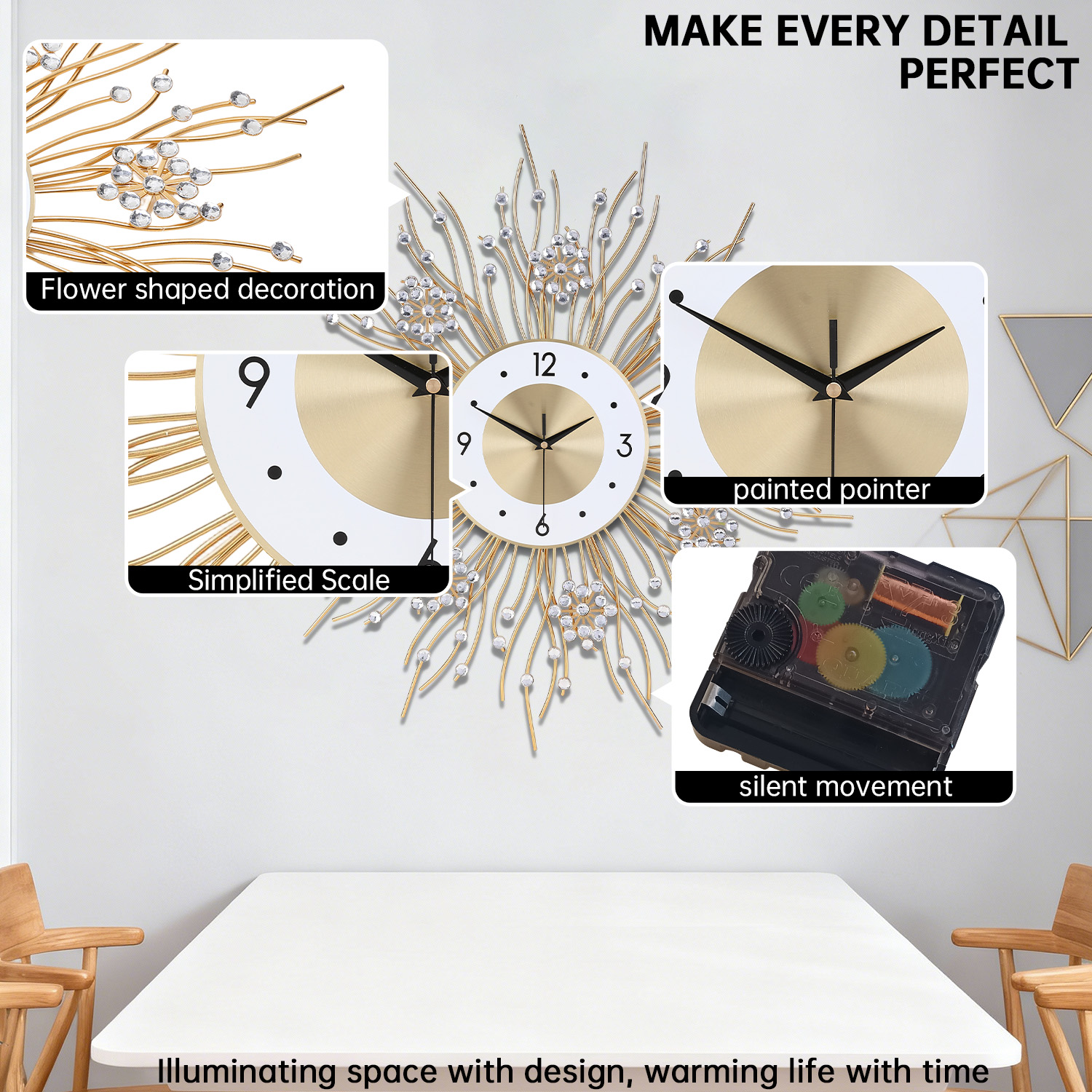 Luxury Sunburst Wall Clock with Crystal Accents -27.5 Inches Clock  Christmas & New Year Modern Decor for Living Room, Bedroom, Office