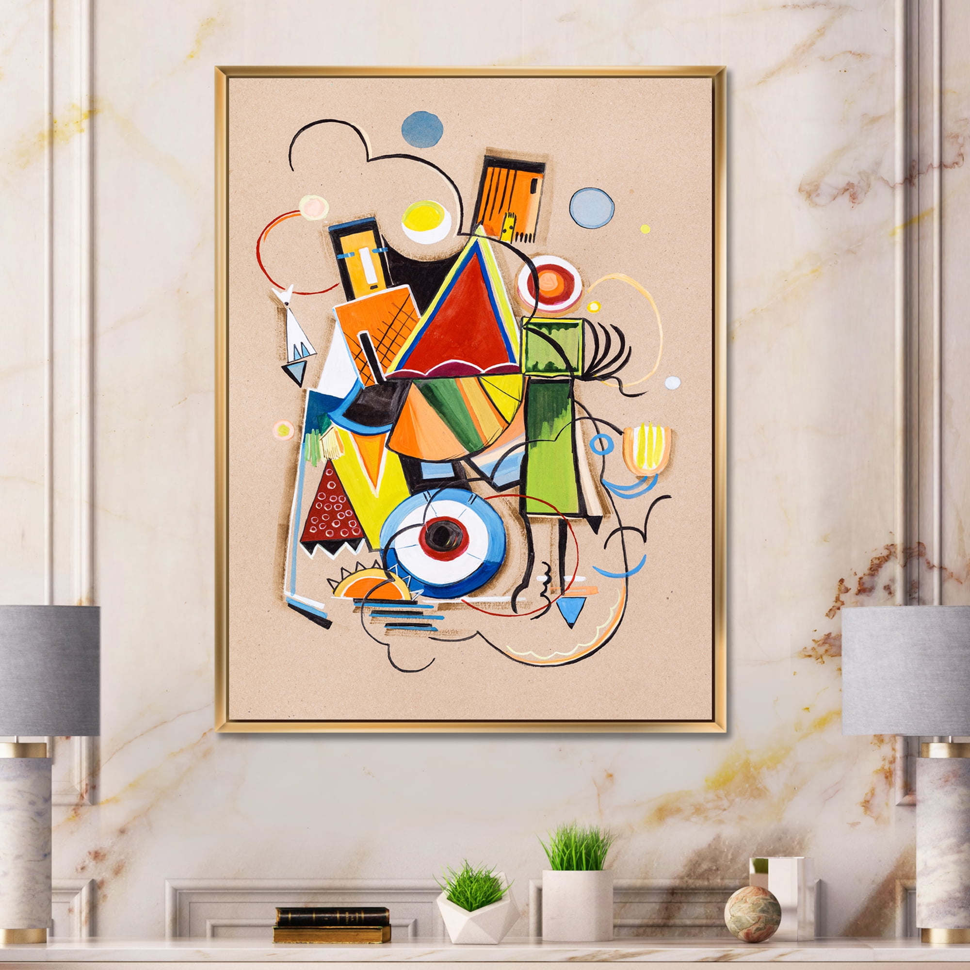 Designart 'Abstract Compositions Of Colored Geometric I' Modern Framed Canvas Wall Art Print