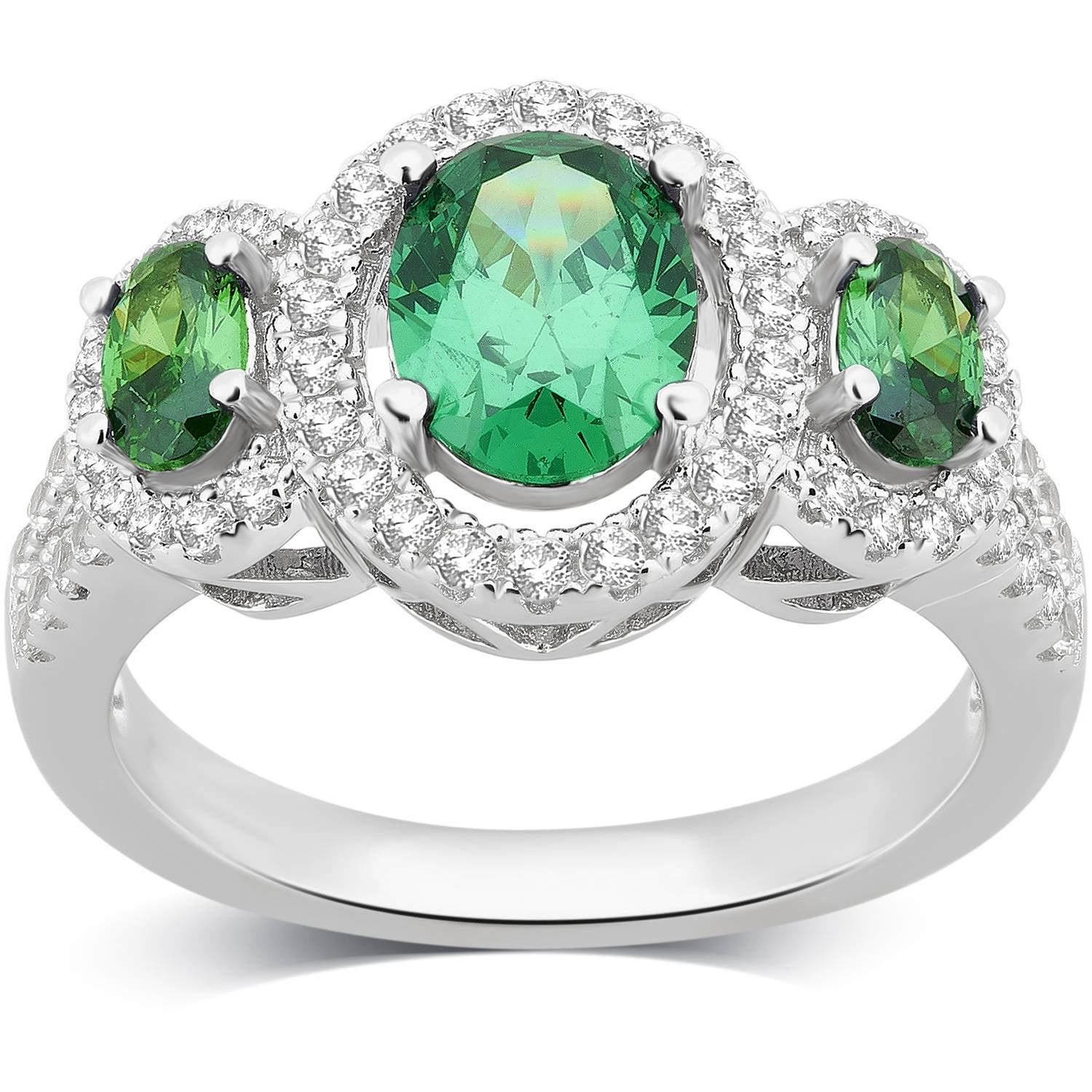 Created Emerald and White Sapphire Gemstone Sterling Silver Three Stone Oval Frame Ring