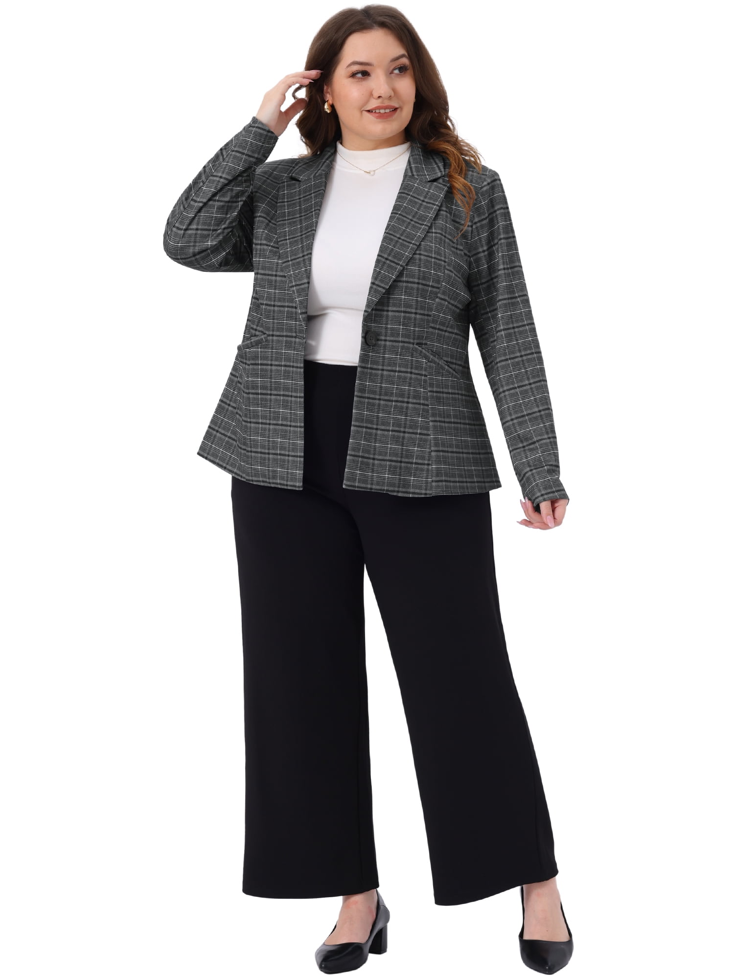 DARING DIVA Women's Plus Casual Plaid Notched Lapel Button Jacket 2X Gray