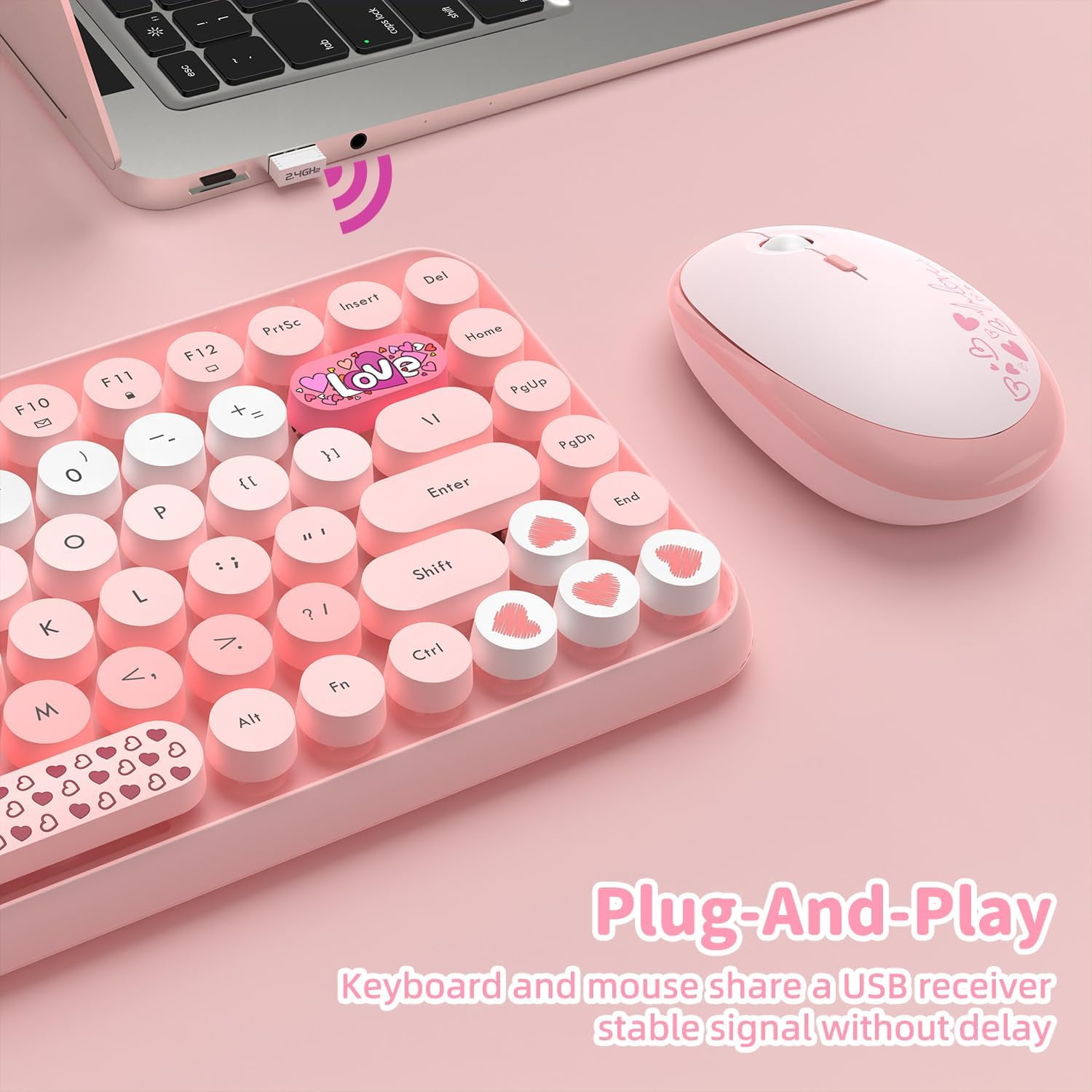 AJAZZ 308i Color Gradient Wireless Keyboard and Mouse Set, Retro Typewriter Keyboard with Cute Theme Round Keycaps for Mac/Windows/PC/Laptop