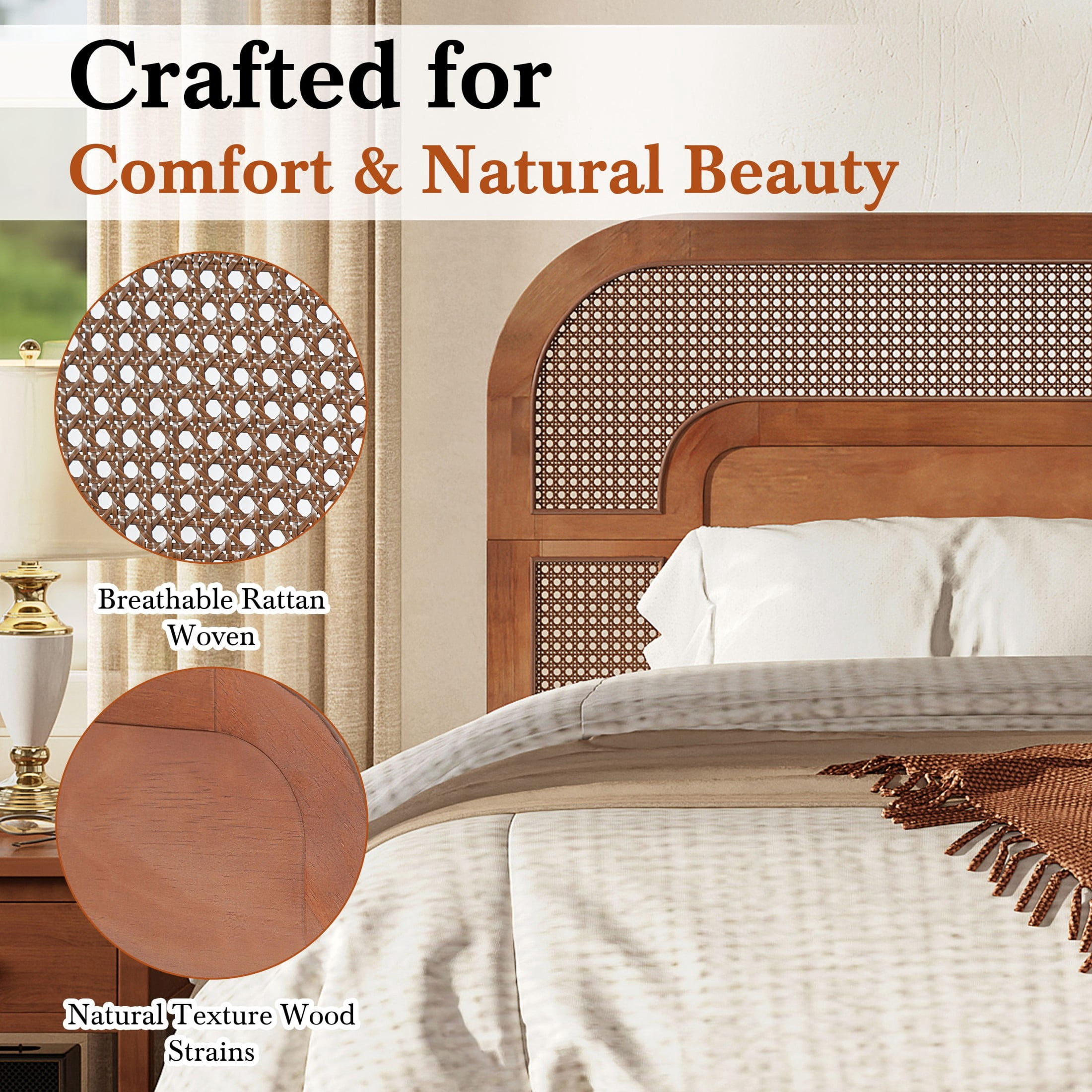 Christopher Knight Home Bohemian Queen Platform Bed with Rattan Headboard, Solid Wood Frame, Walnut